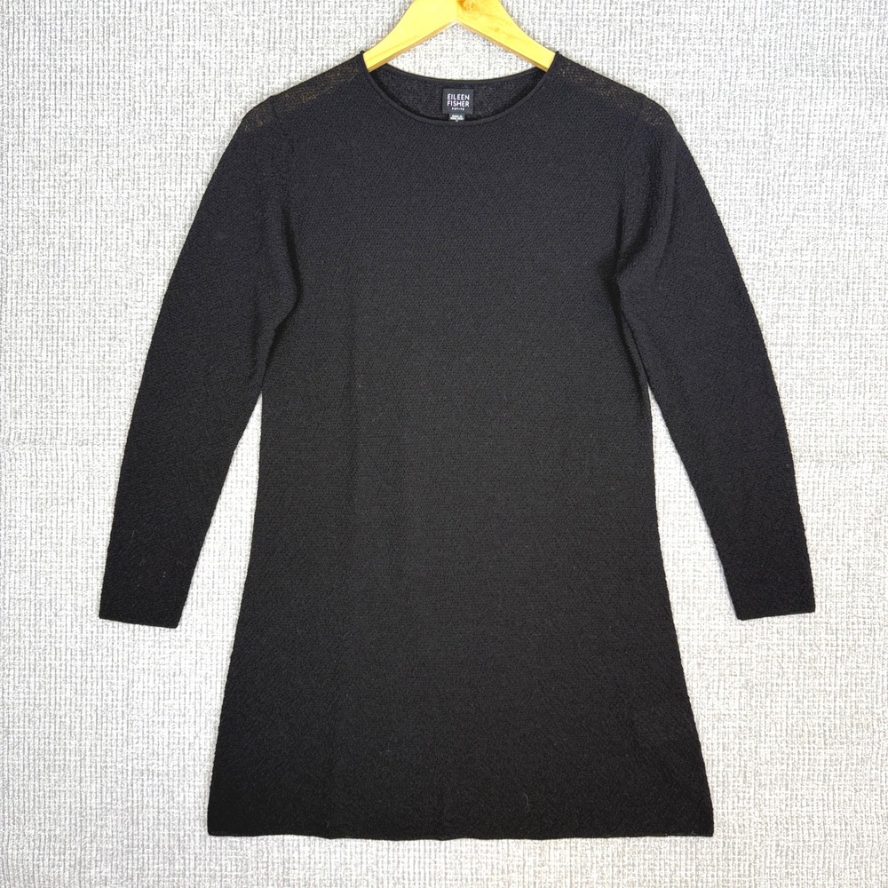 Eileen‎ Fisher Wool Dress Sz SP Italian Yarn Black Long Sleeve Knit Minimalist